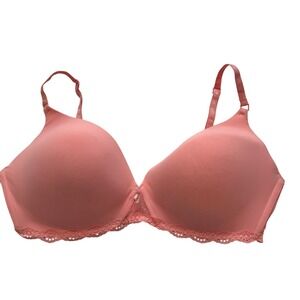 Victoria's Secret Angels Wireless Bra 36D Coral Pink Lace Trim Padded